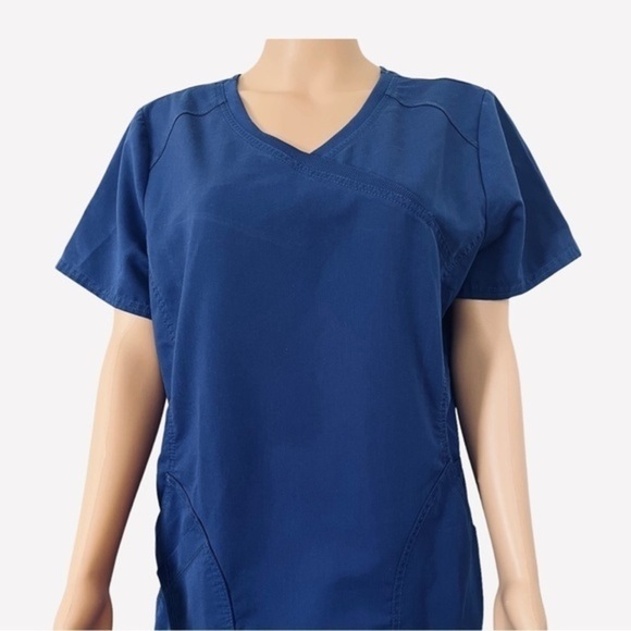SCRUBS medical scrub top deep blue V-neck shot sleeves double pockets Women M - Picture 1 of 14